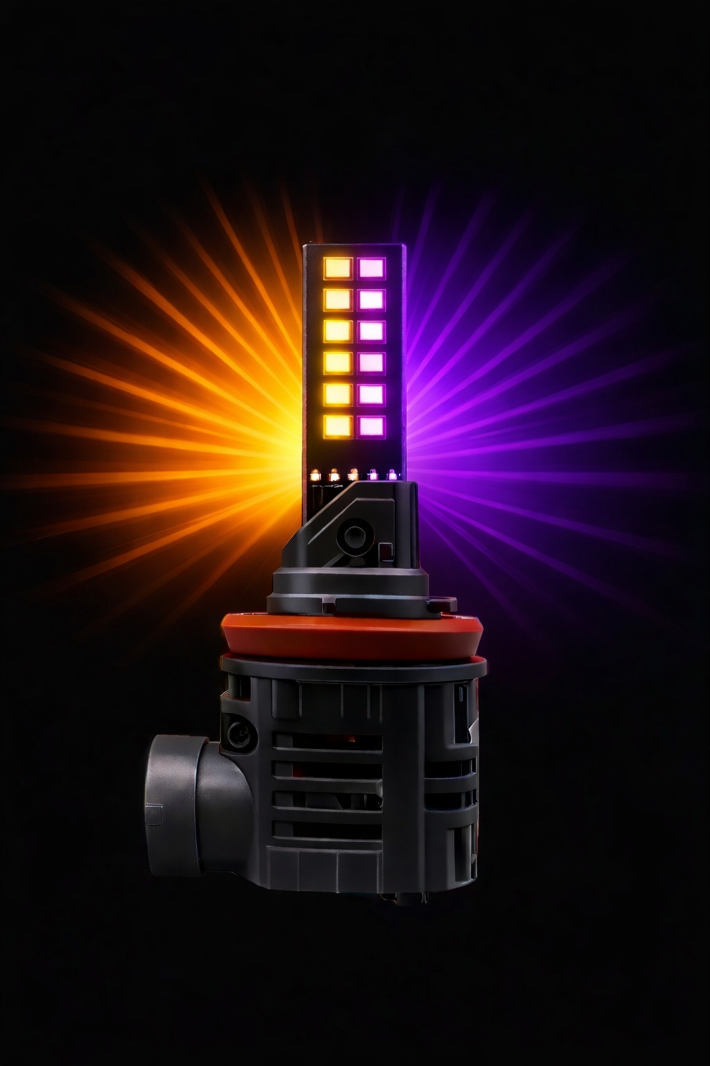 H11 36watt LED GLobe illuminating amber purple on a black background