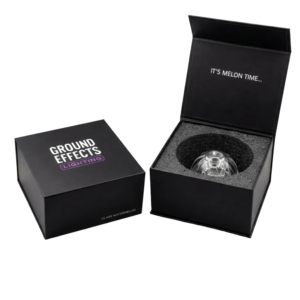 Ground Effects Lighting glass watermelon packaging box with foam insert and branded lid