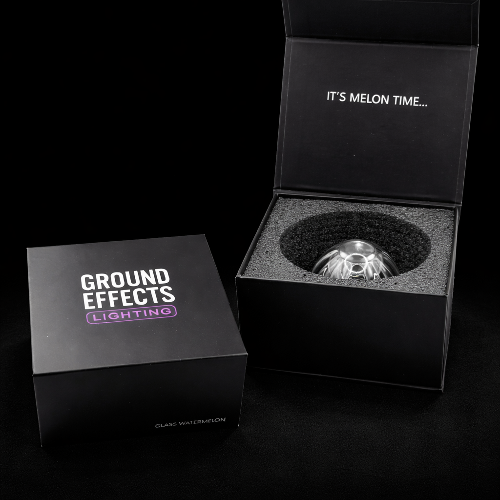 Ground Effects Lighting glass watermelon packaging box with foam insert and branded lid