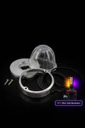 Glass watermelon components with h11 36watt dual revolution illuminating amber purple on a black background