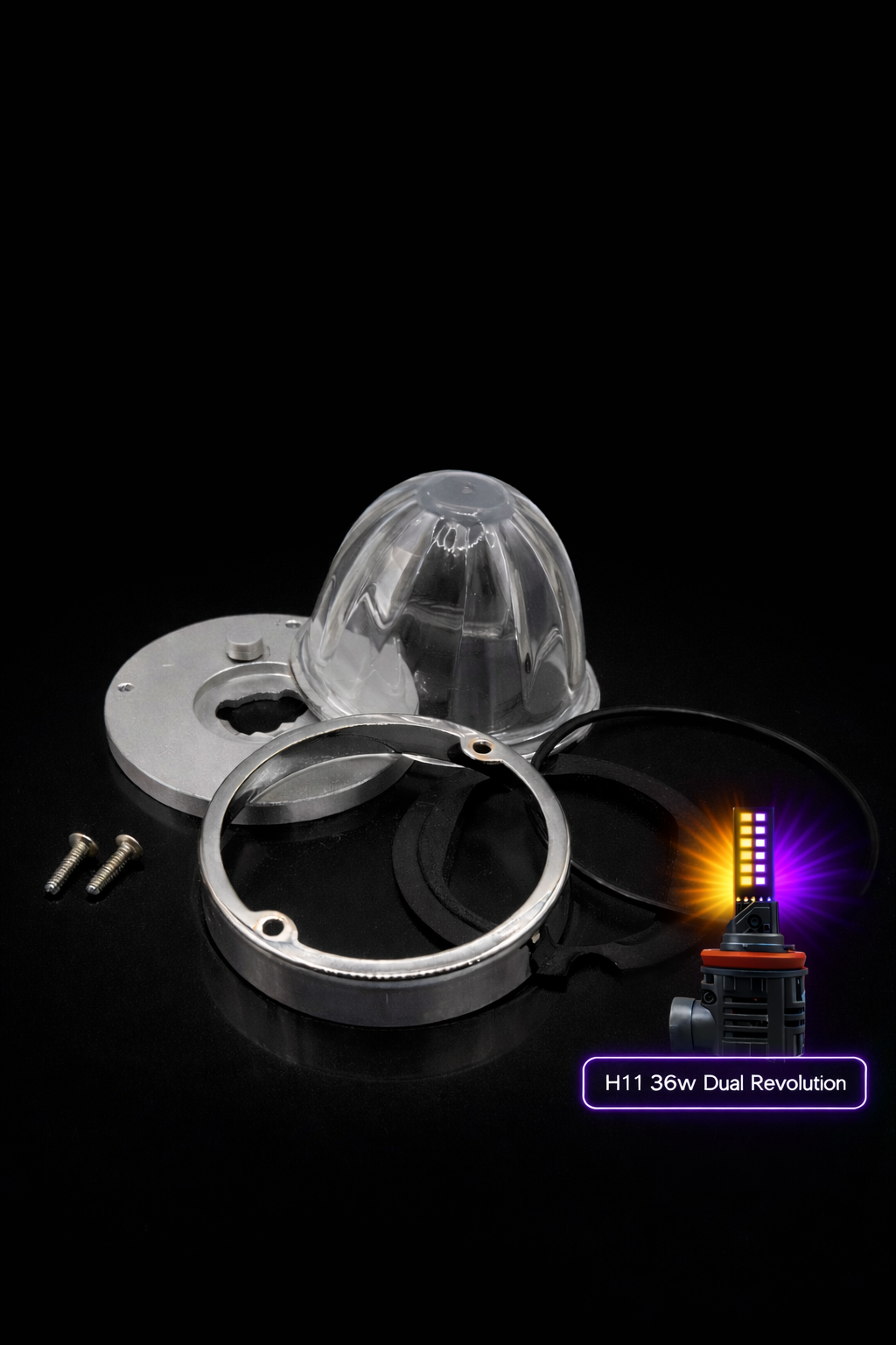 Glass watermelon components with h11 36watt dual revolution illuminating amber purple on a black background
