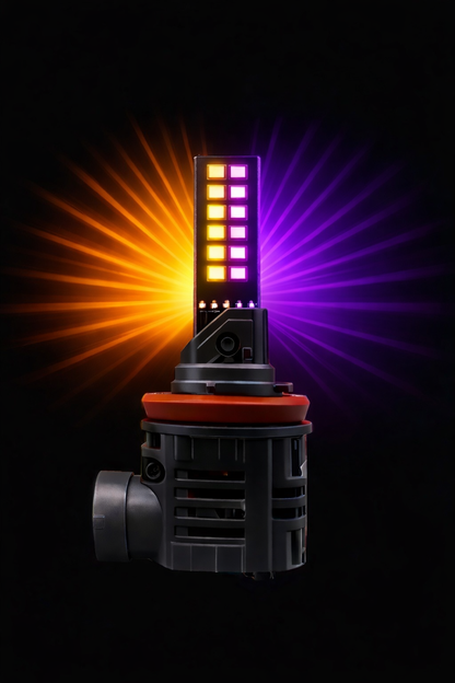 H11 36watt LED GLobe illuminating amber purple on a black background 