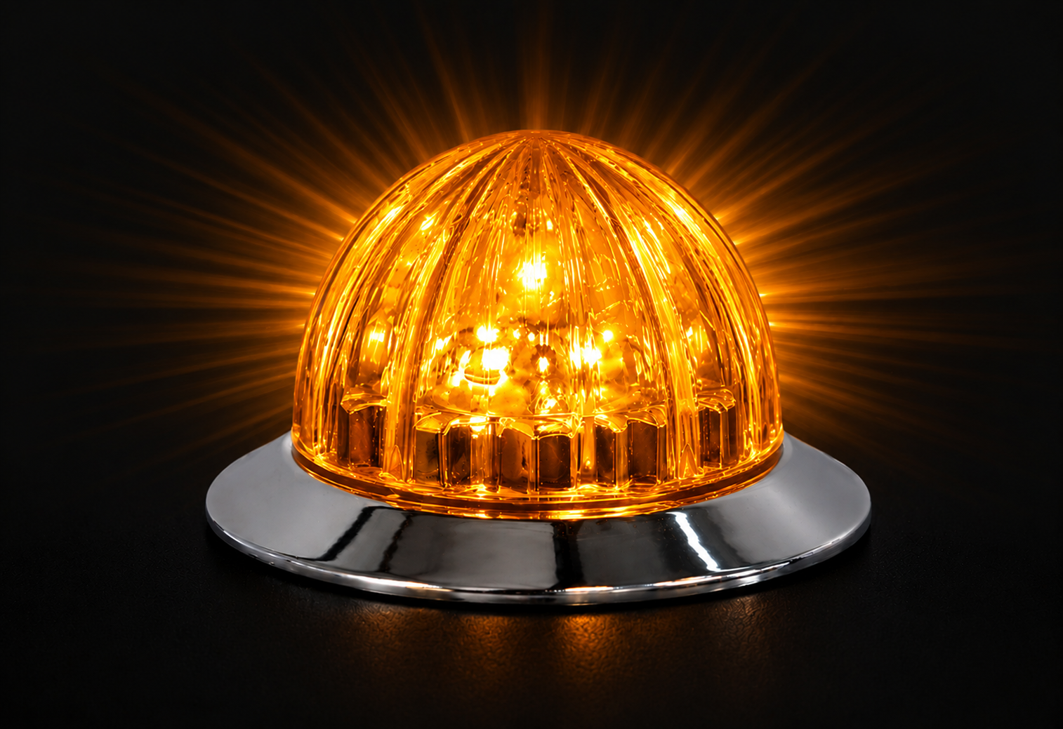 Orange warning light with a metallic base on a black background